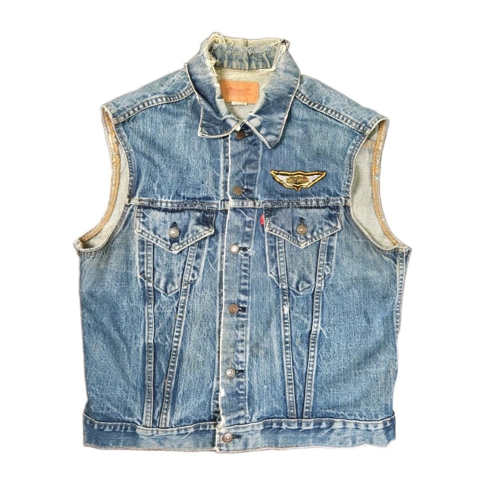 Vintage 70s Levis Type III Trucker Jacket Cutoff Vest Harley Patch Thrashed Med